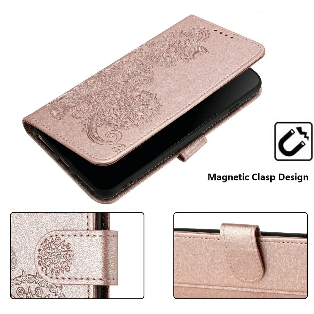 For vivo T3 Pro 5G / iQOO Z9s Pro 5G Phone Cases Mandala Flower Leather Wallet Mobile Cover with Strap - Rose Gold - 6