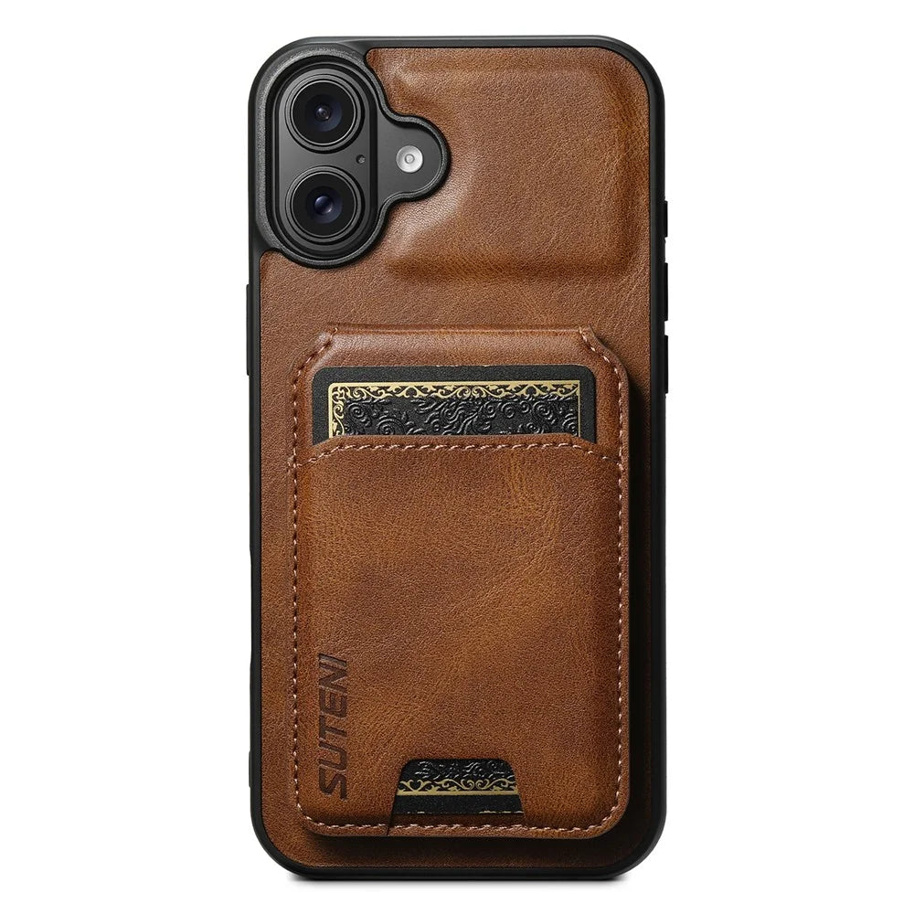SUTENI H02 For iPhone 16 Case Waxy Texture Leather+TPU Card Slots Kickstand Phone Cover - Brown - 1