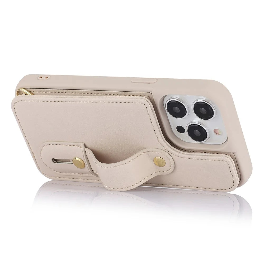 For iPhone 16 Pro Max Case Kickstand Card Slots Leather Coated TPU Cover with Shoulder Strap - Beige - 2