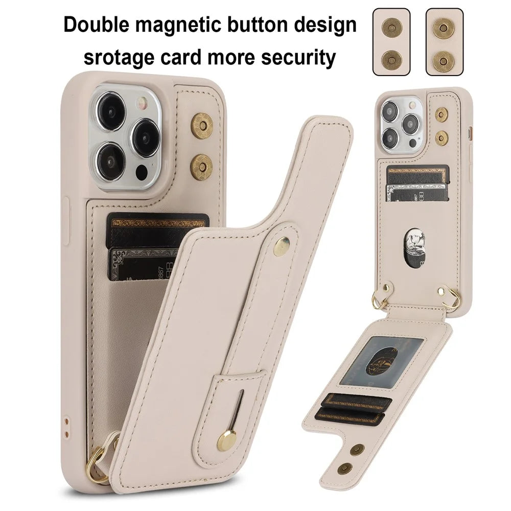 For iPhone 16 Pro Max Case Kickstand Card Slots Leather Coated TPU Cover with Shoulder Strap - Beige - 4