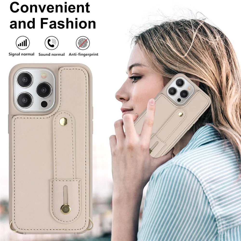 For iPhone 16 Pro Max Case Kickstand Card Slots Leather Coated TPU Cover with Shoulder Strap - Beige - 6