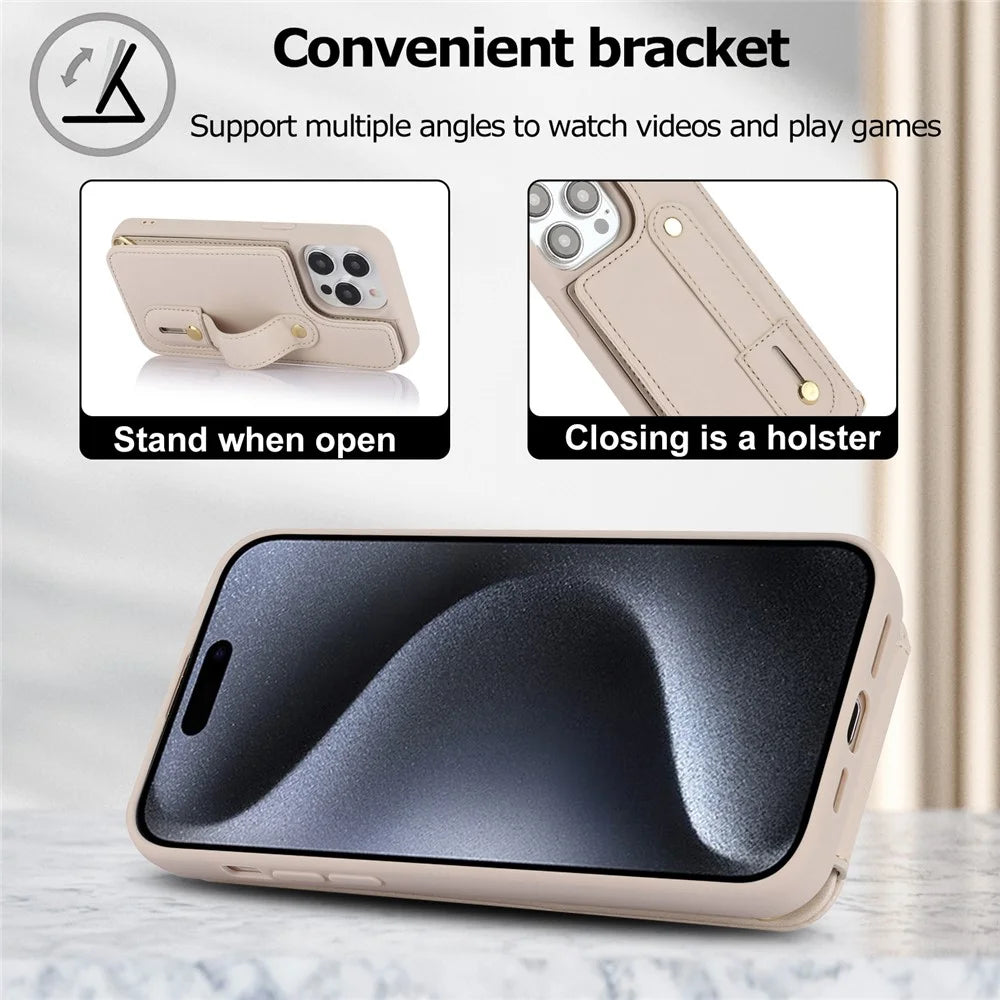 For iPhone 16 Pro Max Case Kickstand Card Slots Leather Coated TPU Cover with Shoulder Strap - Beige - 7
