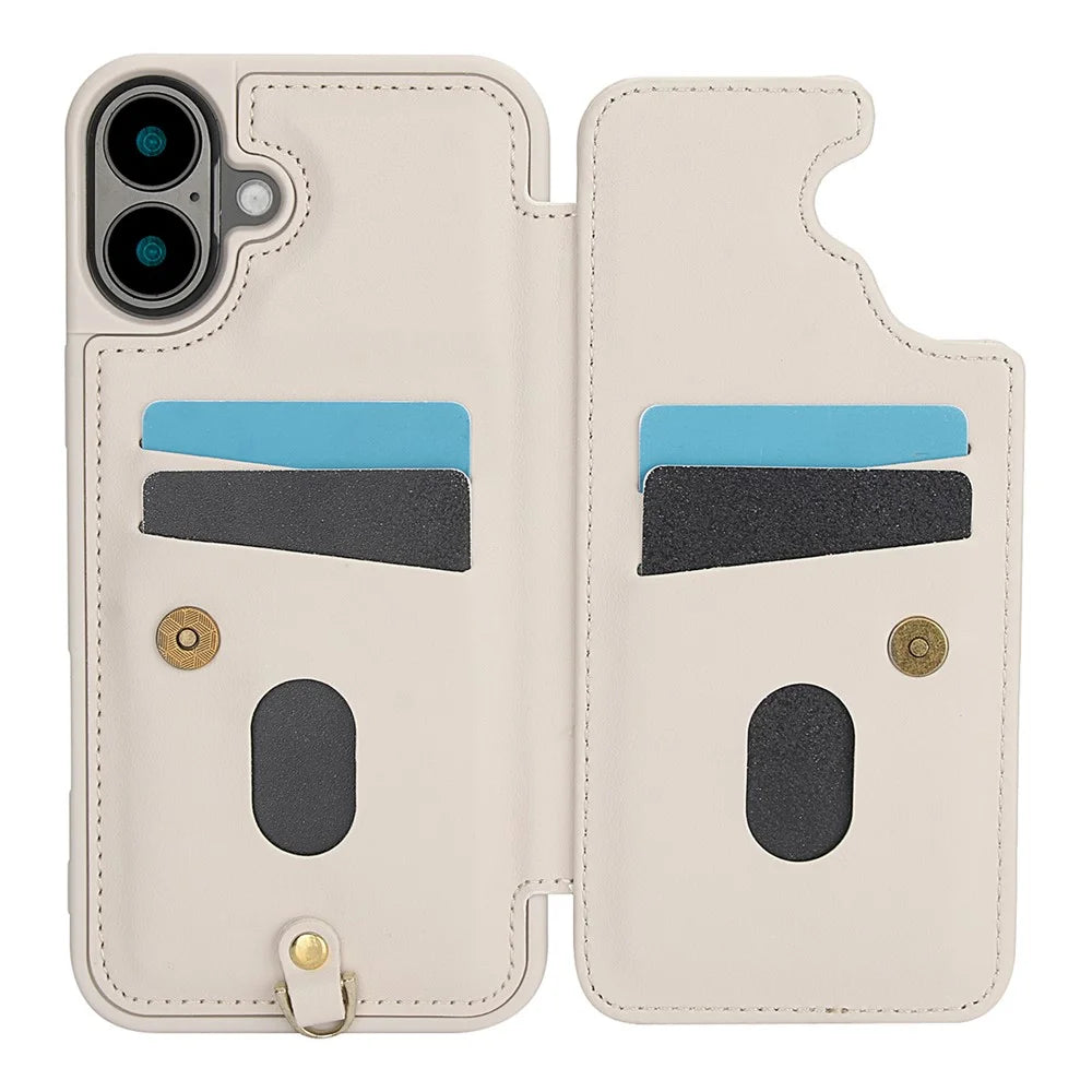 SY-001 For iPhone 16 Plus Case Card Slots Leather Coated TPU Flower Phone Cover - Beige - 2