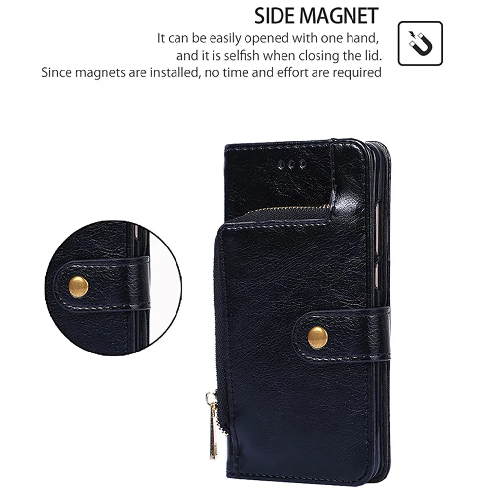 For OnePlus Nord CE4 Lite 5G / Oppo K12x 5G (China) Case Zipper Pocket PU Leather Wallet Flip Phone Cover - Black - 5