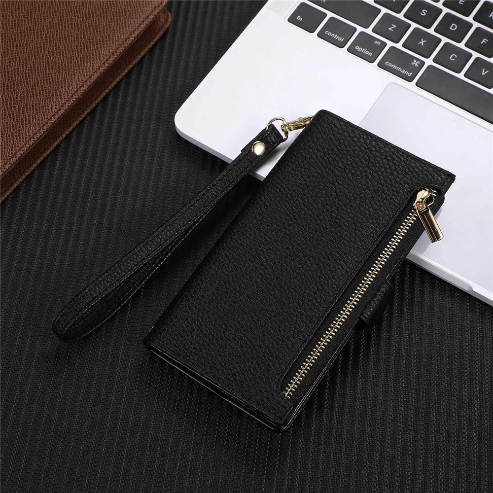 Litchi Texture Phone Case for iPhone 14 Pro Max, Drop Resistant Zipper Pocket PU Leather Flip Cover Wallet with Strap - Black - 6
