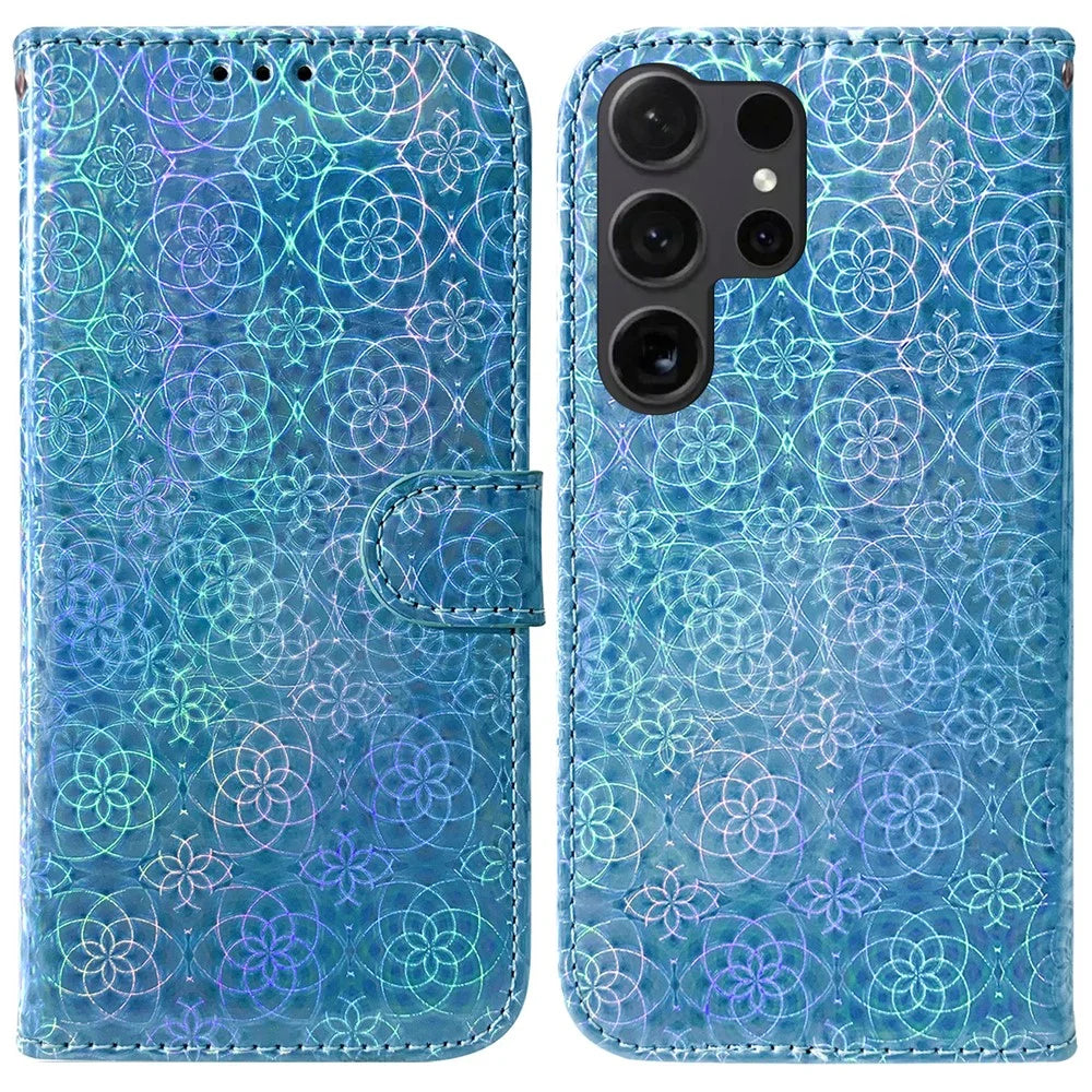 For Samsung Galaxy S25 Ultra Stand Case Dazzling Flower Leather Phone Cover - Blue - 1