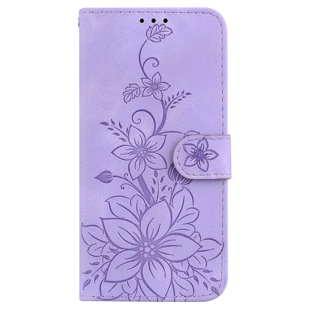 For Samsung Galaxy S25+ Case Lily Flower Imprint Leather Phone Cover with Stand - Purple - 6