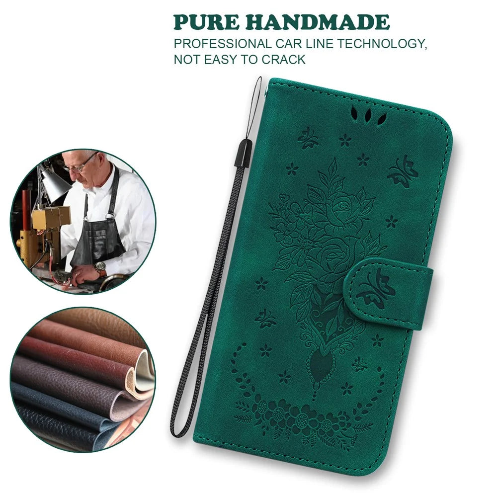 For Samsung Galaxy S25 Case PU Leather Wallet Phone Cover Butterfly Flower Imprint - Green - 4