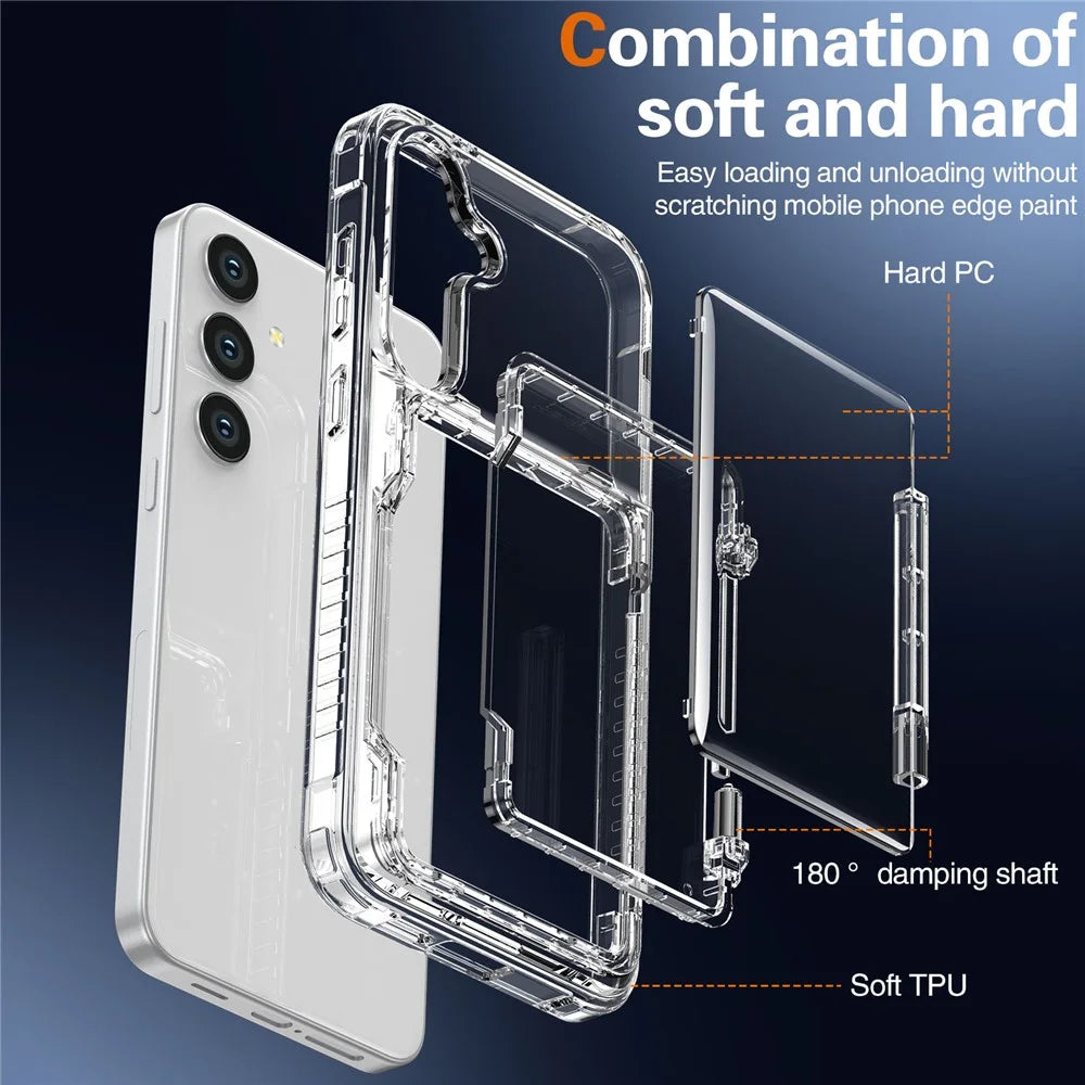 For Samsung Galaxy S25 Clear Case PC+TPU Phone Cover Card Holder Kickstand - Transparent - 6