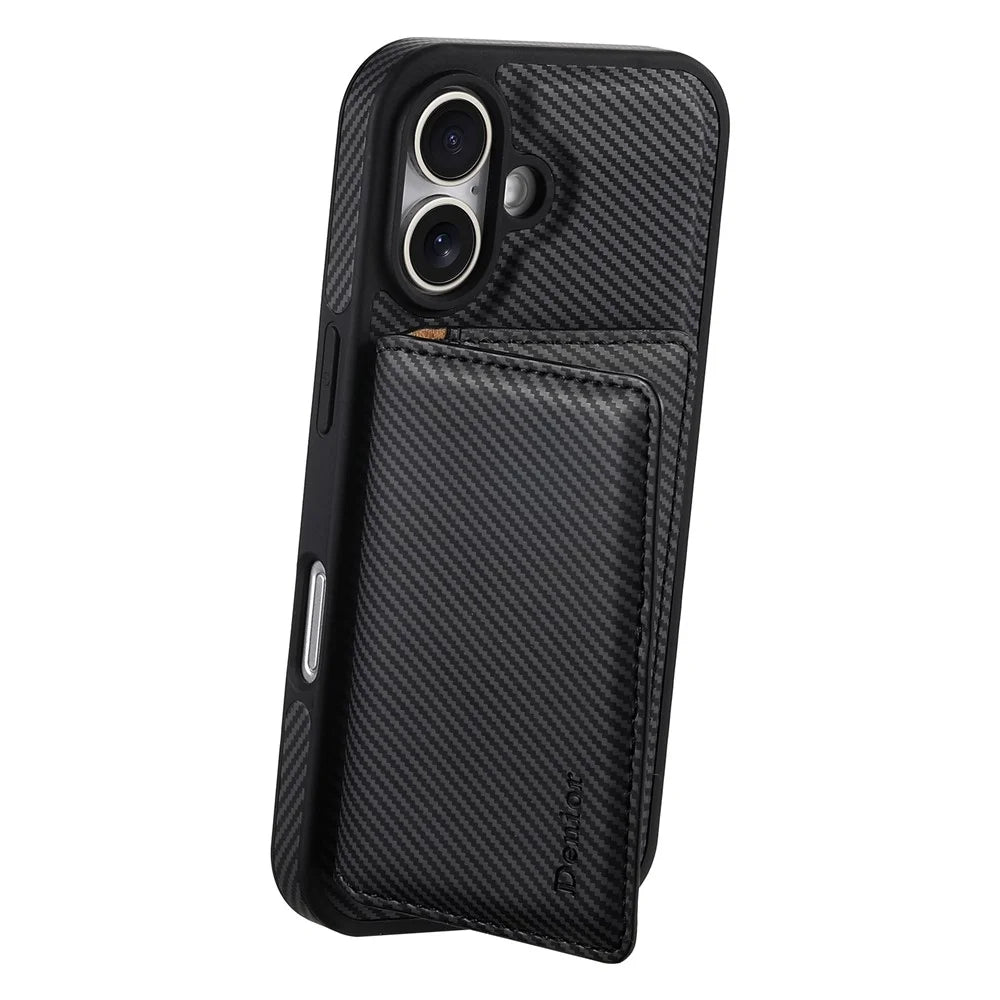 DENIOR For iPhone 16 Plus Magnetic Case Carbon Fiber Texture Leather Back Cover with Detachable Card Bag - Black - 2