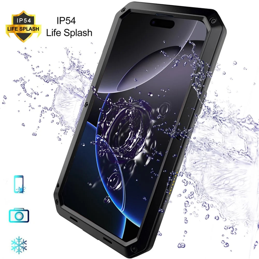 For iPhone 16 Pro Max Case Silicone+Metal Phone Cover with Tempered Glass Screen Protector - Black - 5