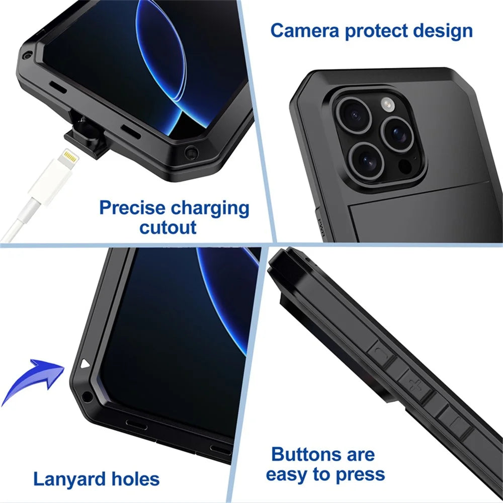 For iPhone 16 Pro Max Case Silicone+Metal Phone Cover with Tempered Glass Screen Protector - Black - 7