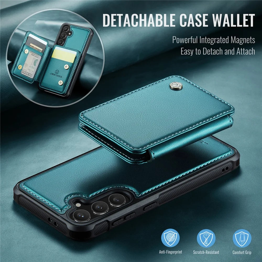 JEEHOOD J05 For Samsung Galaxy S24 FE Case Leather Mobile Cover with Detachable Magnetic Card Bag - Blue - 5
