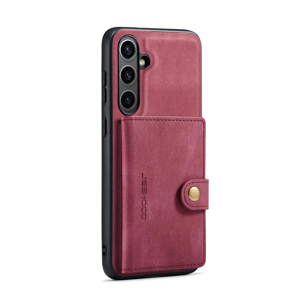 JEEHOOD For Samsung Galaxy S24 FE Case  J01 Retro Leather + TPU Phone Cover Detachable Magnetic Card Holder - Red - 2