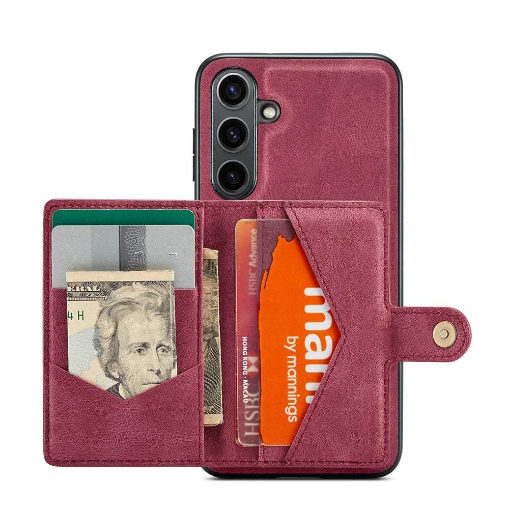 JEEHOOD For Samsung Galaxy S24 FE Case  J01 Retro Leather + TPU Phone Cover Detachable Magnetic Card Holder - Red - 3