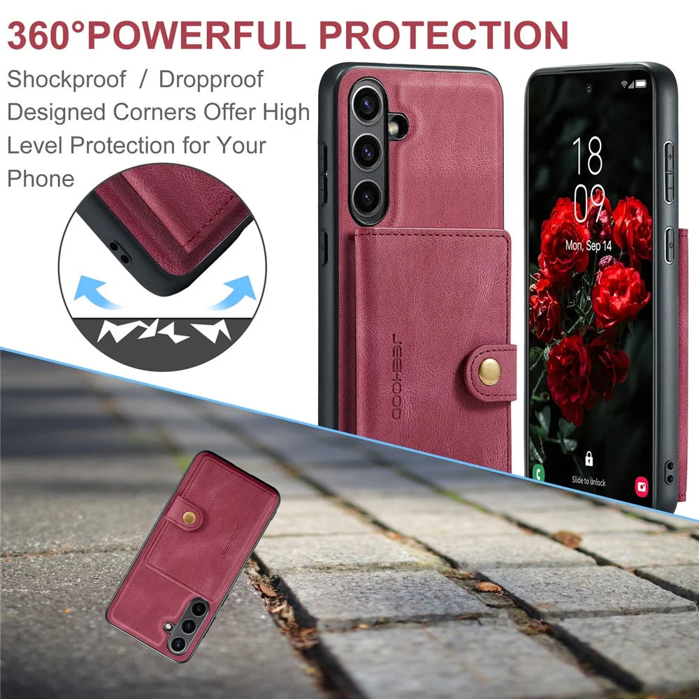 JEEHOOD For Samsung Galaxy S24 FE Case  J01 Retro Leather + TPU Phone Cover Detachable Magnetic Card Holder - Red - 7