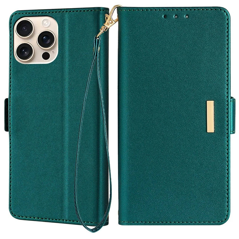 For iPhone 16 Pro Max Leather Wallet Case RFID Blocking Stand Cover with Hand Strap - Green - 1