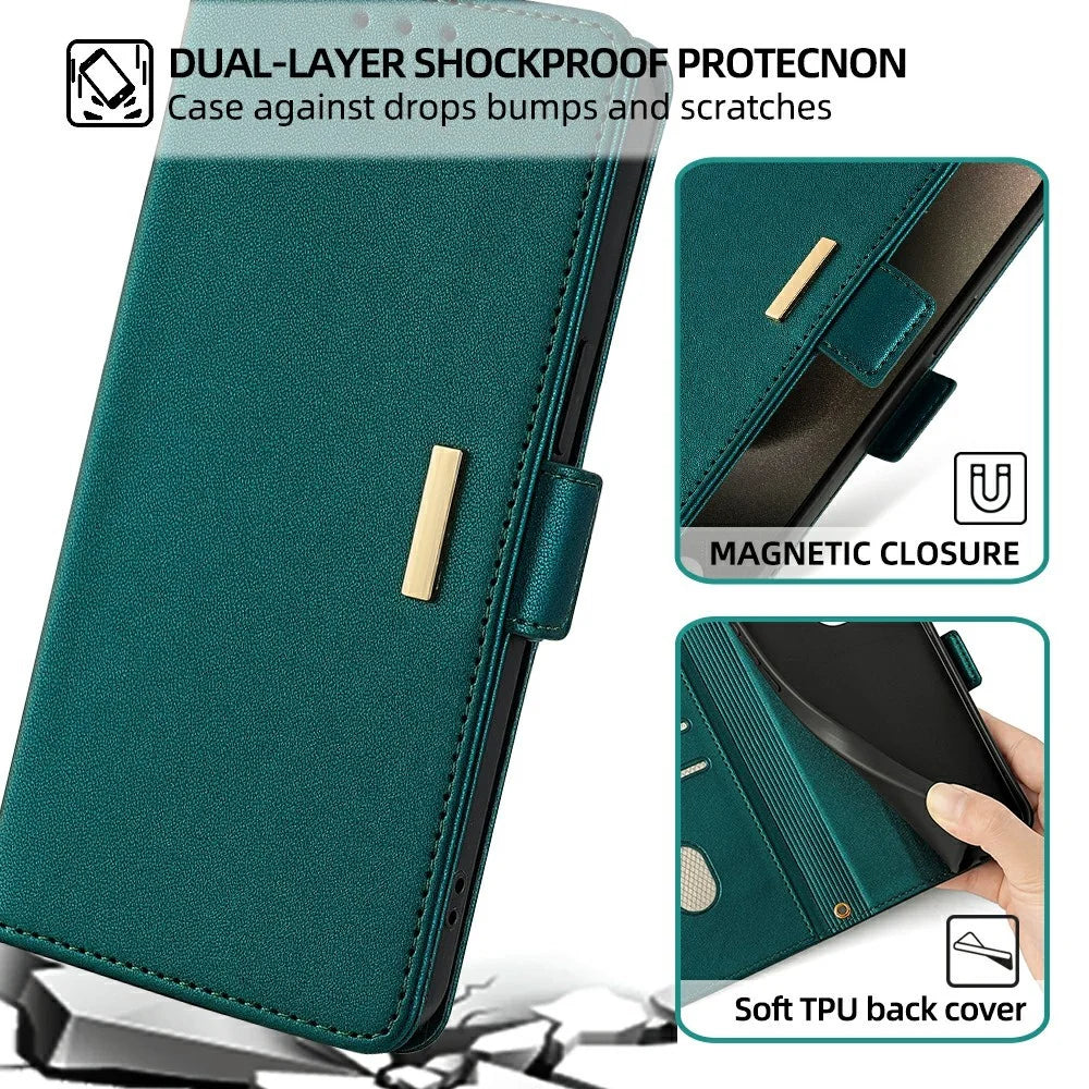 For iPhone 16 Pro Max Leather Wallet Case RFID Blocking Stand Cover with Hand Strap - Green - 6
