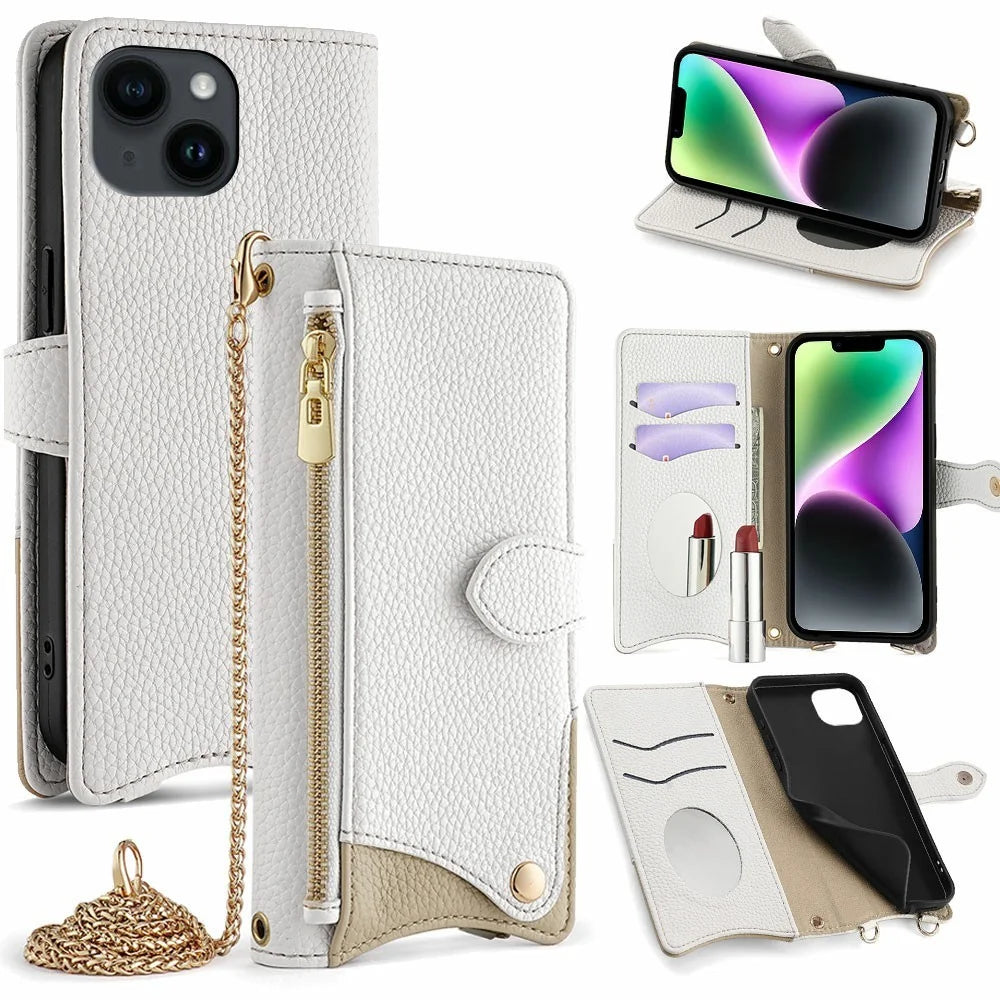 For iPhone 14 Leather Case Wallet Stand Cover Irregular Tail Style with Chain Strap - White - 1