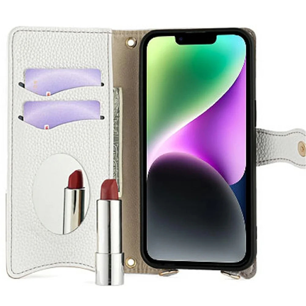 For iPhone 14 Leather Case Wallet Stand Cover Irregular Tail Style with Chain Strap - White - 2