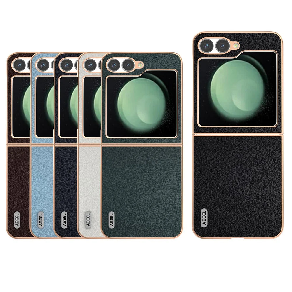 ABEEL For Samsung Galaxy Z Flip7 FE 5G / Z Flip6 5G Case Electroplating Genuine Cow Leather PC Phone Cover - Coffee - 5