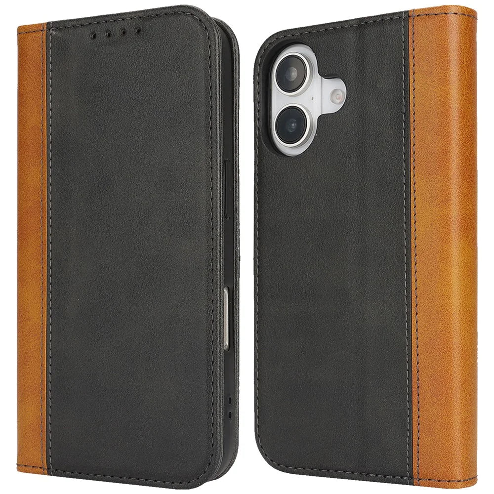For iPhone 16 Plus Case Calf Texture 3 Card Slots Color Splicing Leather Phone Cover - Black+Yellow - 1