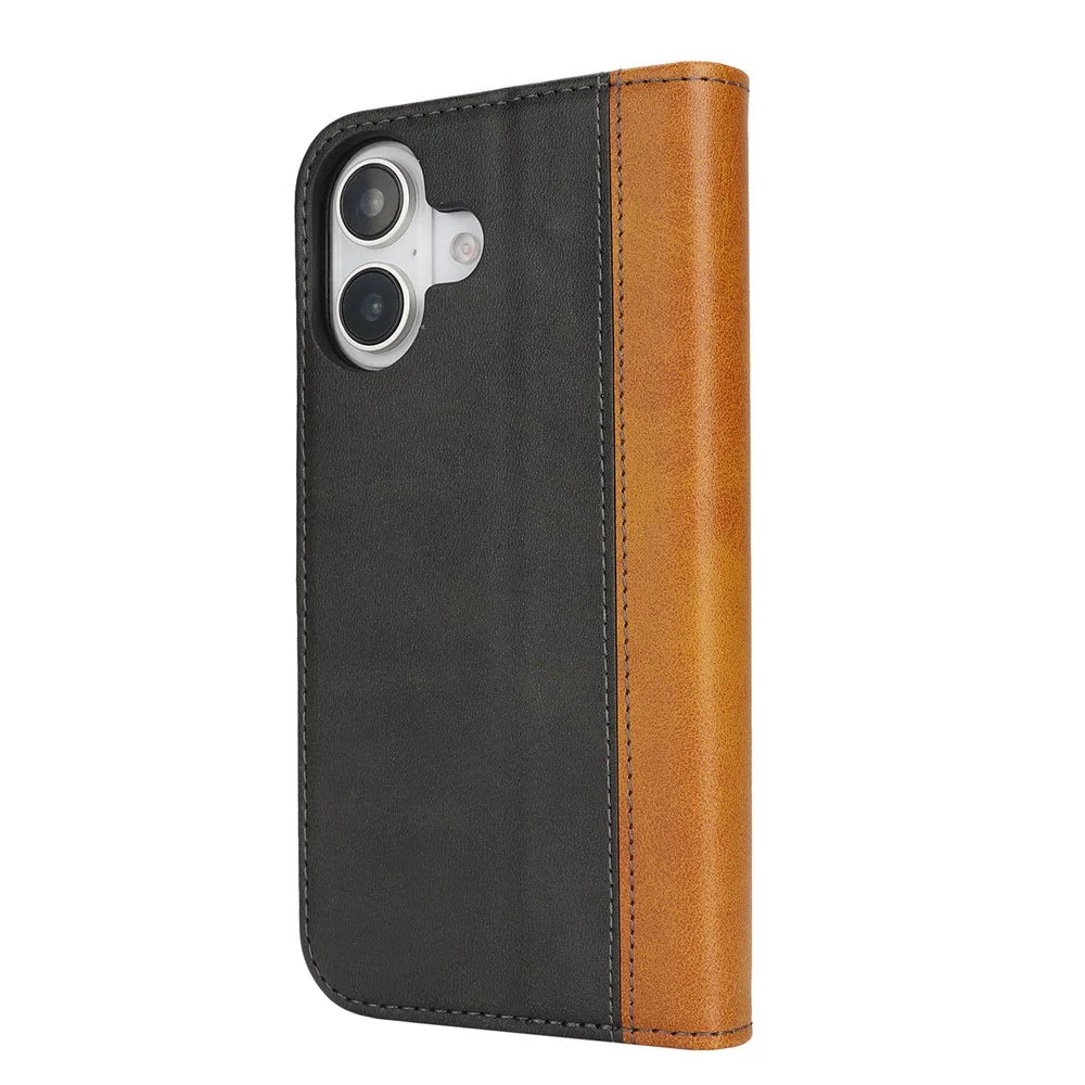 For iPhone 16 Plus Case Calf Texture 3 Card Slots Color Splicing Leather Phone Cover - Black+Yellow - 7