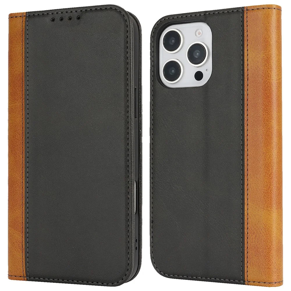 For iPhone 16 Pro Max Case Calf Texture 3 Card Slots Color Splicing Leather Phone Cover - Black+Yellow - 1
