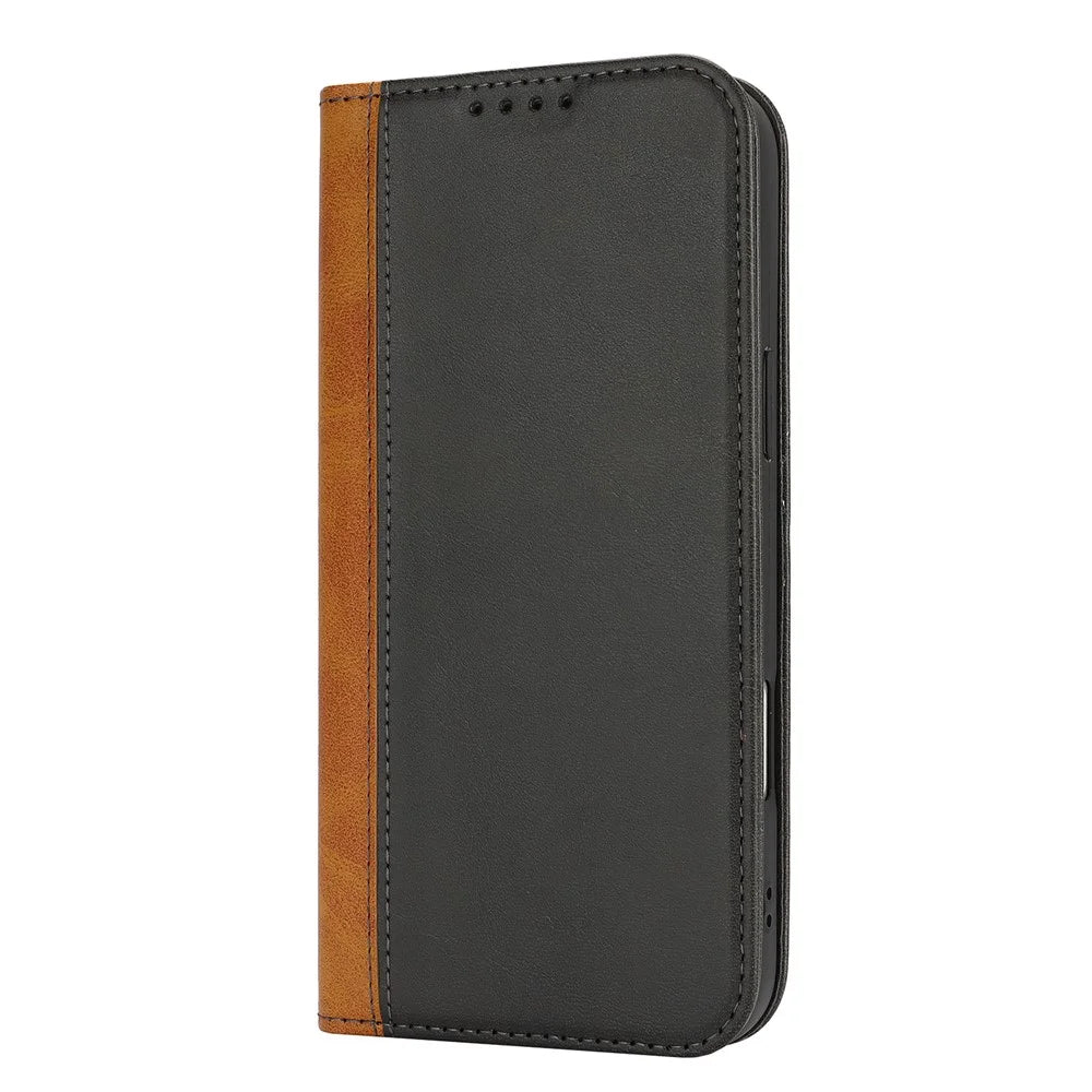 For iPhone 16 Pro Max Case Calf Texture 3 Card Slots Color Splicing Leather Phone Cover - Black+Yellow - 6