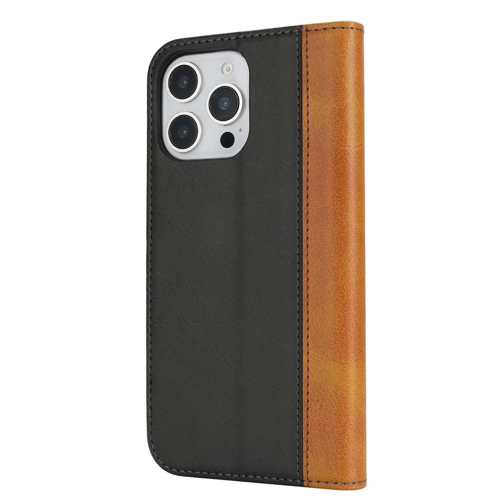 For iPhone 16 Pro Max Case Calf Texture 3 Card Slots Color Splicing Leather Phone Cover - Black+Yellow - 7