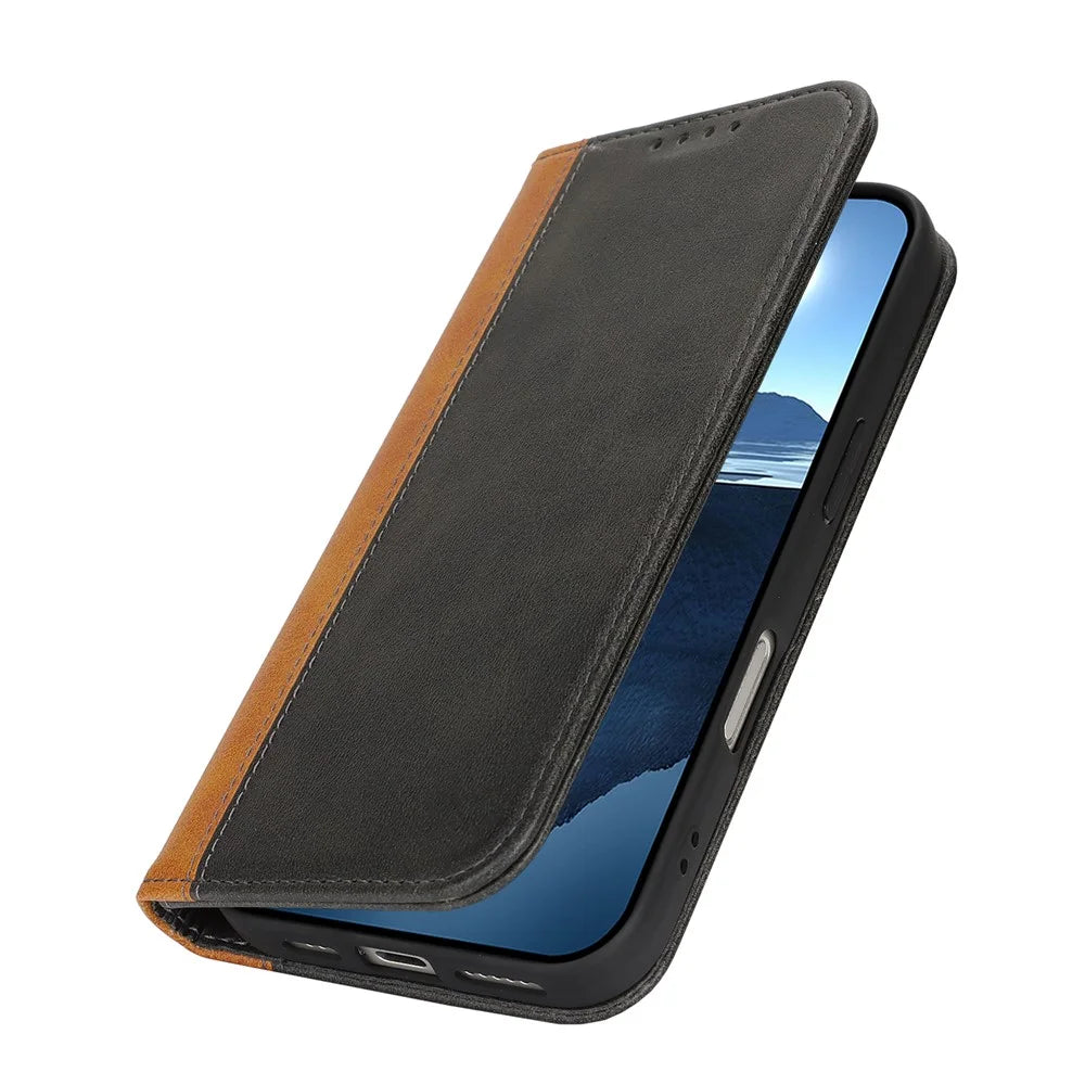 For iPhone 16 Pro Case Calf Texture 3 Card Slots Color Splicing Leather Phone Cover - Black+Yellow - 4