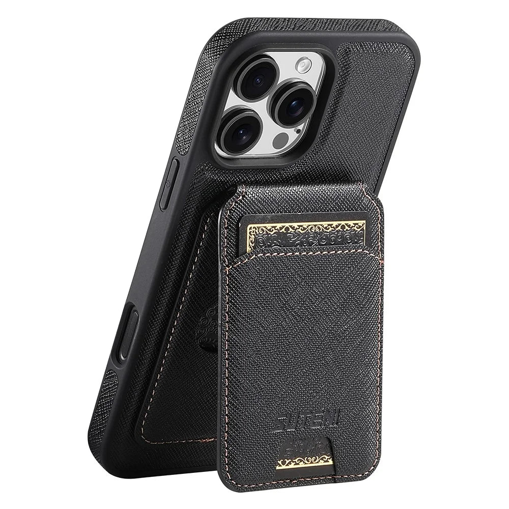 SUTENI M2 For iPhone 16 Pro Magnetic Case Cross Texture Leather Back Cover with Detachable Card Bag - Black - 1