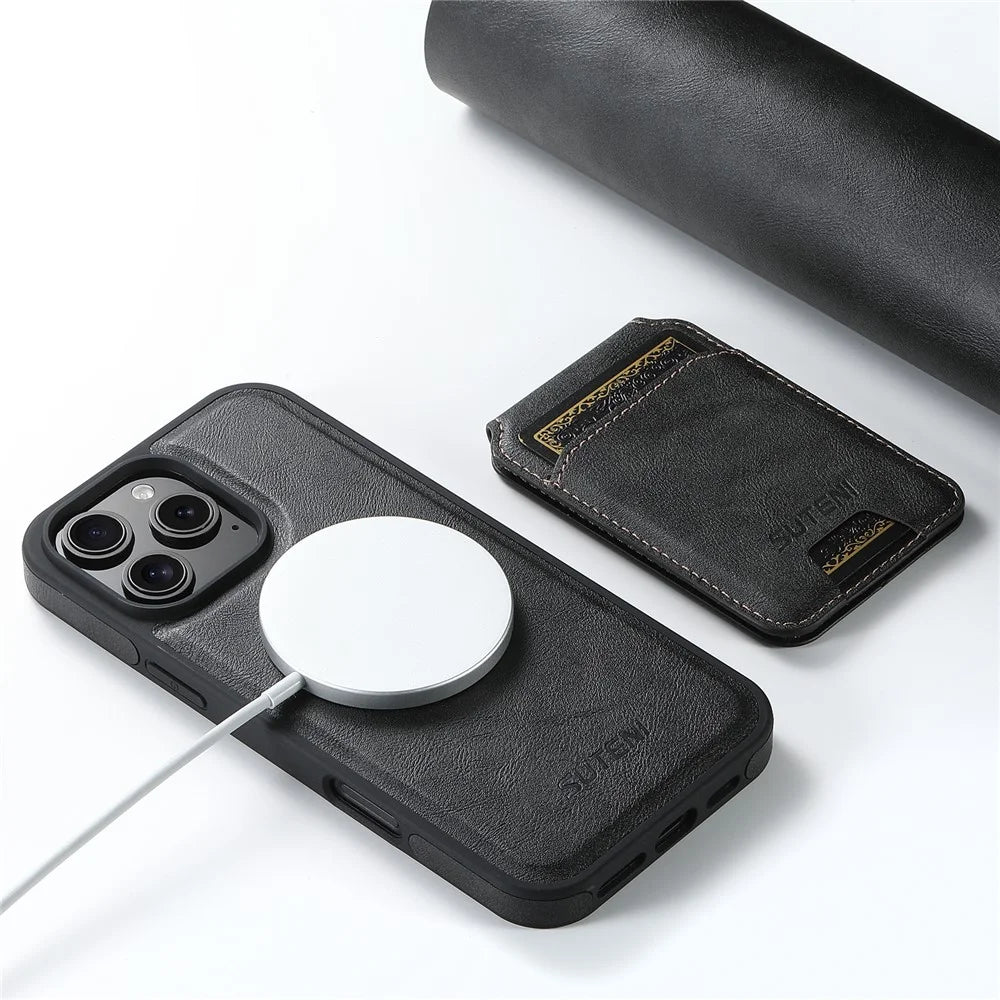SUTENI M2 For iPhone 16 Pro Magnetic Phone Case Waxy Texture Leather+TPU Cover with Card Bag - Black - 3
