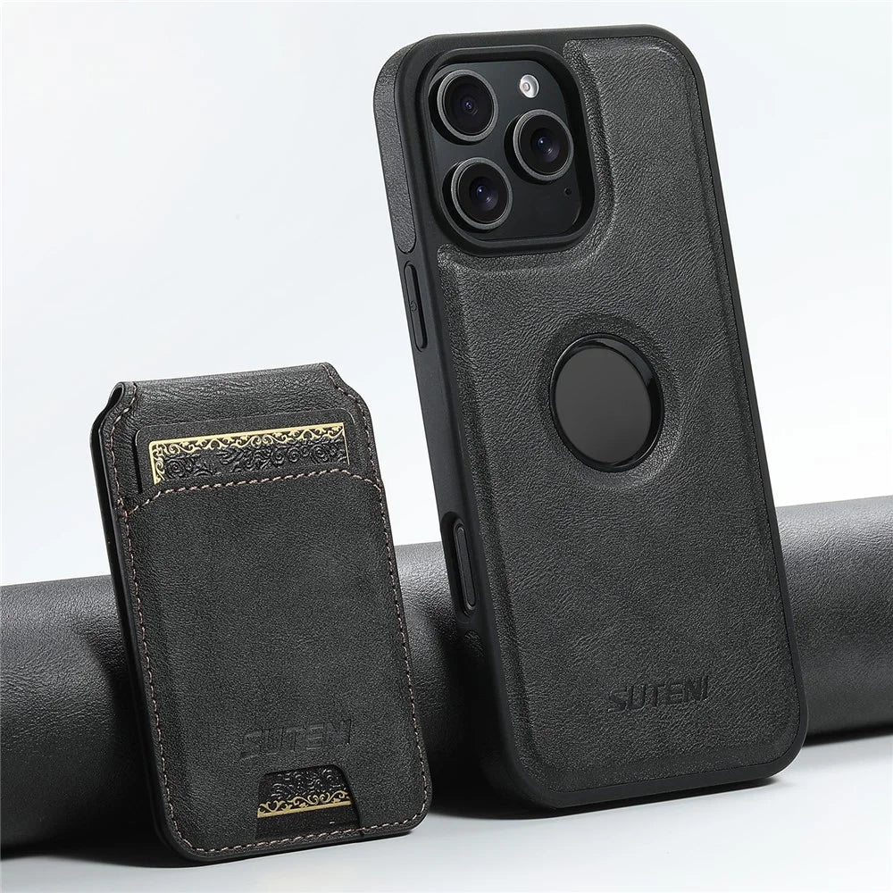 SUTENI M2 For iPhone 16 Pro Magnetic Phone Case Waxy Texture Leather+TPU Cover with Card Bag - Black - 5