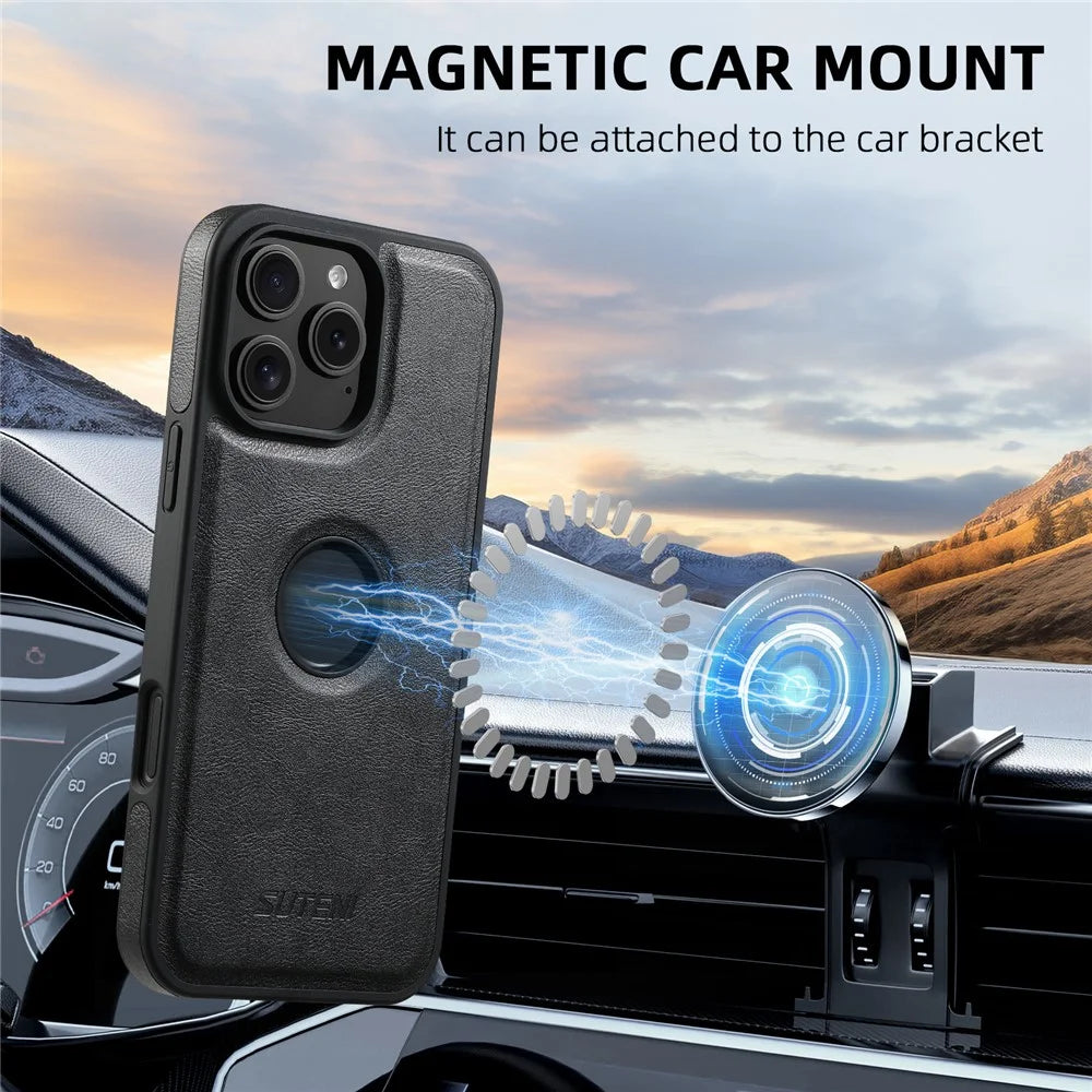 SUTENI M2 For iPhone 16 Pro Magnetic Phone Case Waxy Texture Leather+TPU Cover with Card Bag - Black - 6