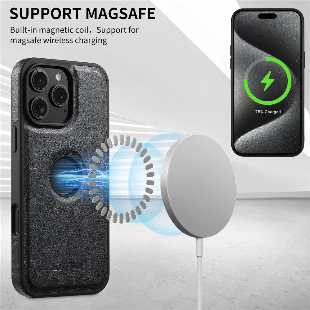 SUTENI M2 For iPhone 16 Pro Magnetic Phone Case Waxy Texture Leather+TPU Cover with Card Bag - Black - 7