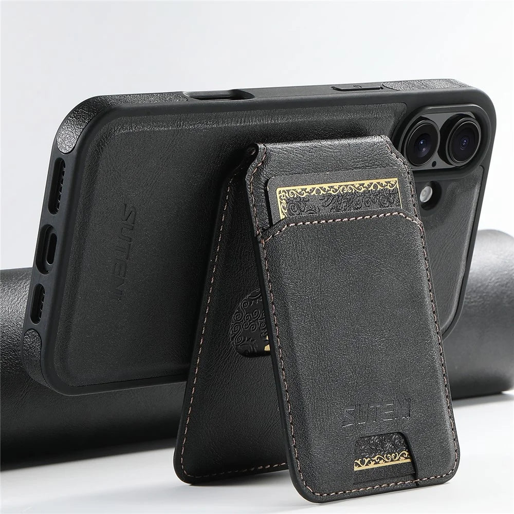 SUTENI M2 For iPhone 16 Plus Magnetic Phone Case Waxy Texture Leather+TPU Cover with Card Bag - Black - 2