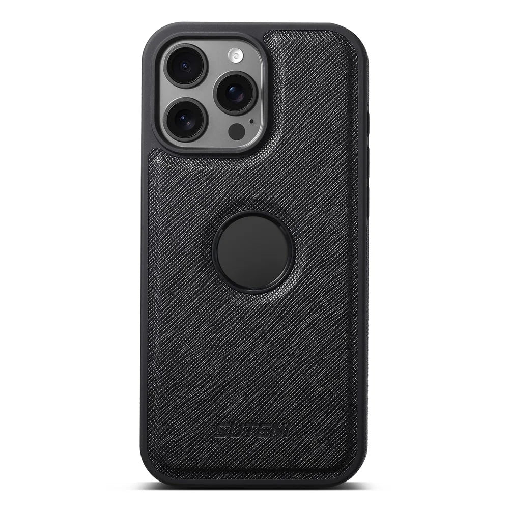 SUTENI G1 For iPhone 16 Pro Max Case Compatible with MagSafe Cross Texture Leather+TPU Phone Cover - Black - 2