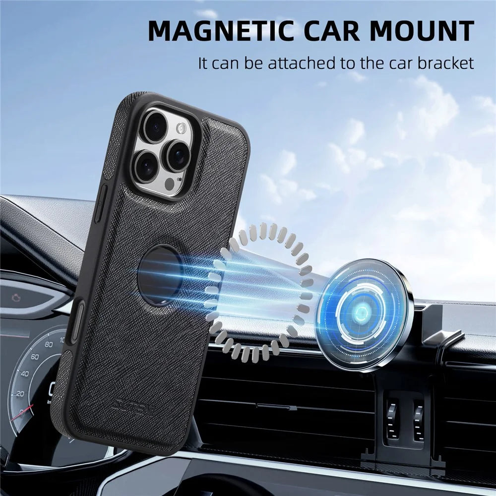 SUTENI G1 For iPhone 16 Pro Case Compatible with MagSafe Cross Texture Leather+TPU Phone Cover - Black - 5