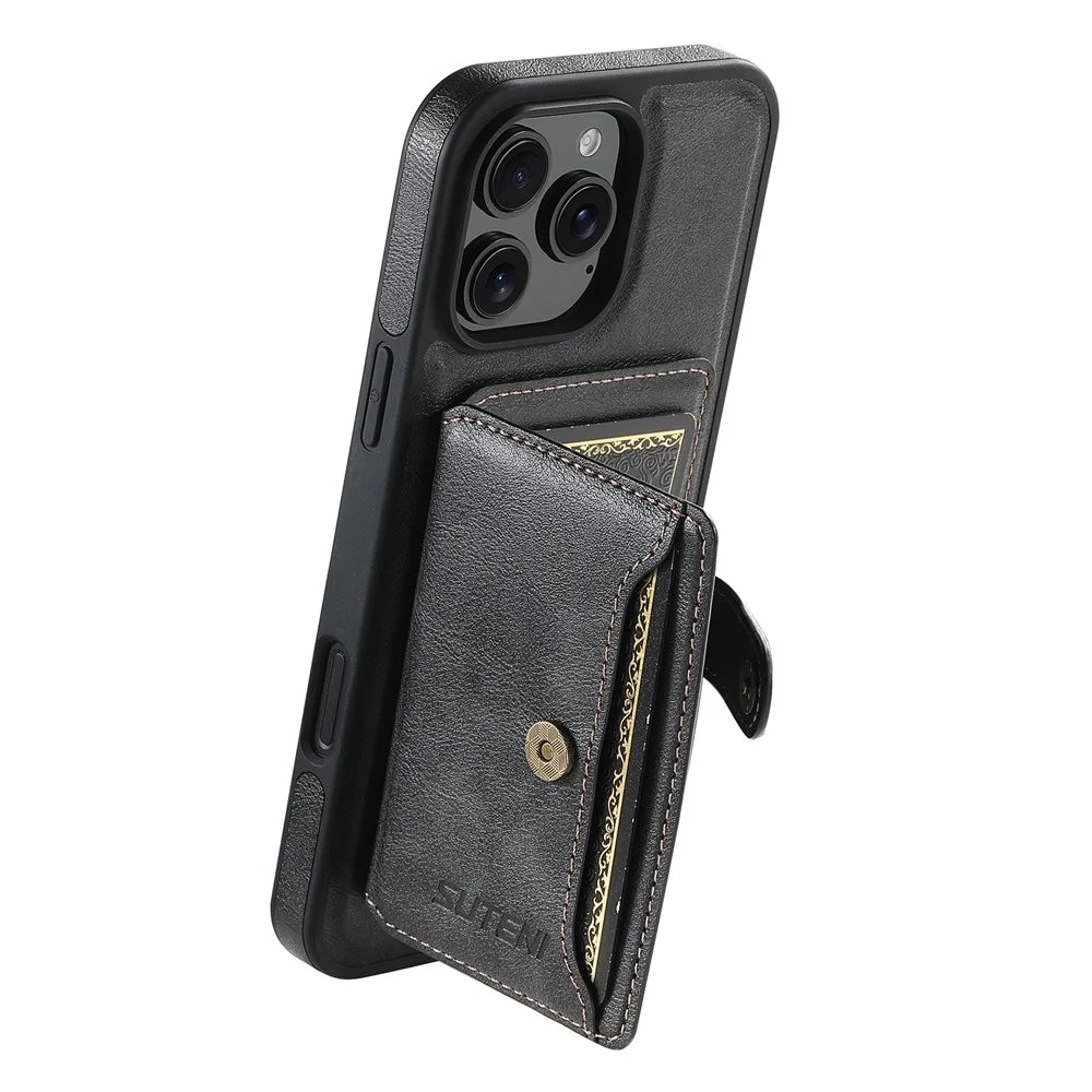 SUTENI M1 For iPhone 16 Pro Max Magnetic Case Detachable Card Bag Waxy Texture Leather+TPU Cover - Black - 1