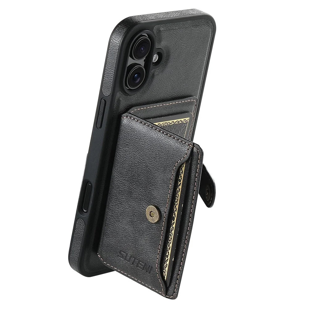 SUTENI M1 For iPhone 16 Magnetic Case Detachable Card Bag Waxy Texture Leather+TPU Cover - Black - 1