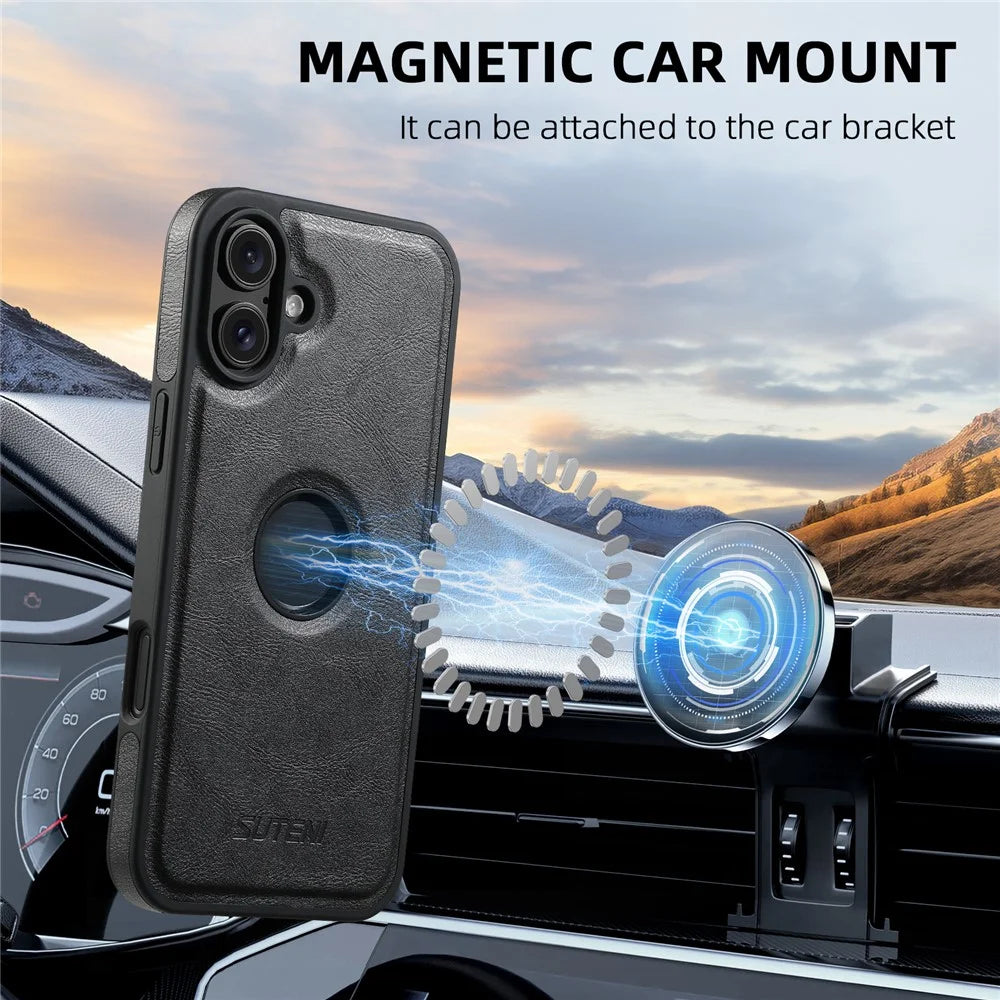 SUTENI G1 For iPhone 16 Plus Magnetic Case Waxy Texture Leather Coated TPU Phone Cover - Black - 4