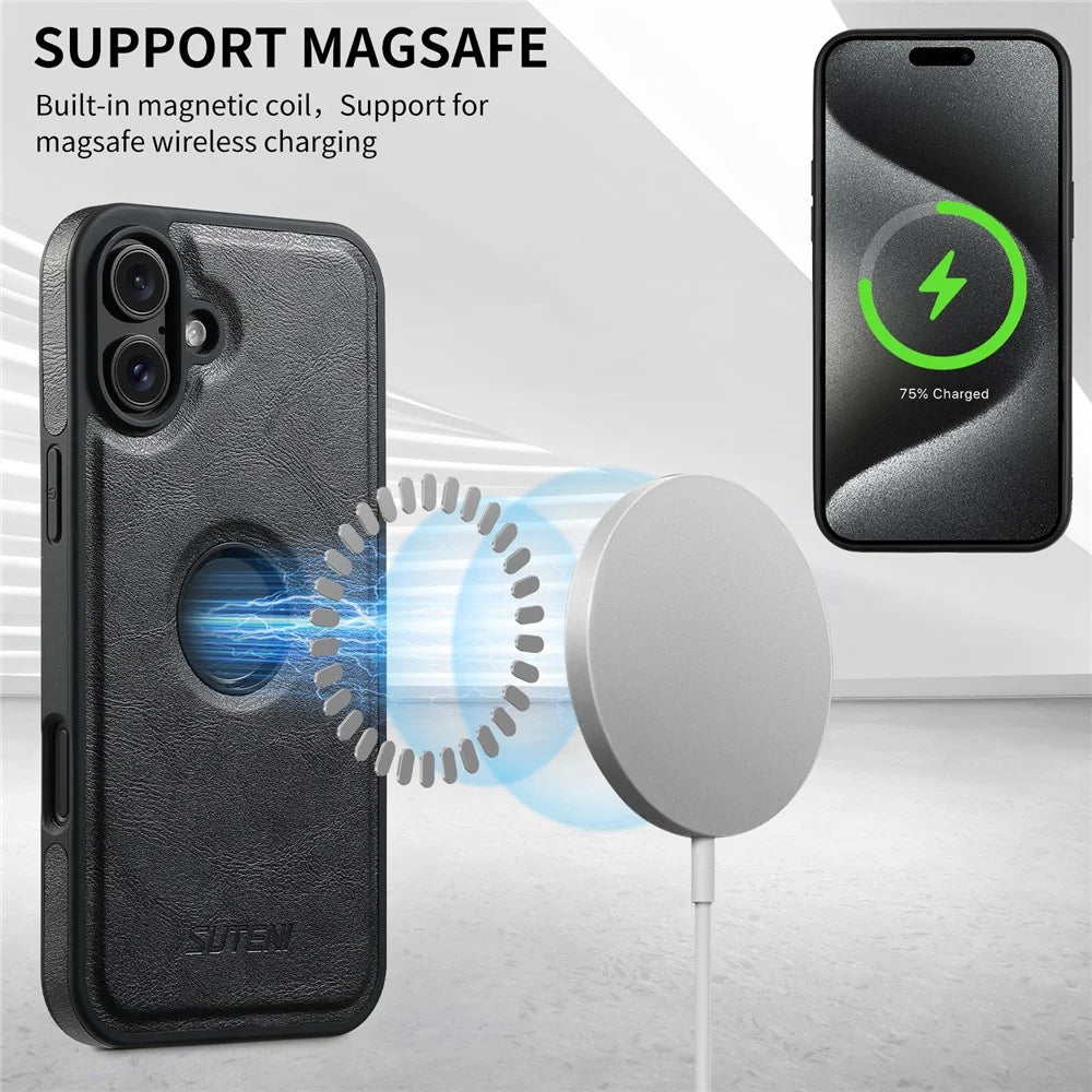 SUTENI G1 For iPhone 16 Plus Magnetic Case Waxy Texture Leather Coated TPU Phone Cover - Black - 5