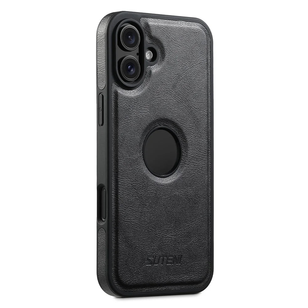 SUTENI G1 For iPhone 16 Magnetic Case Waxy Texture Leather Coated TPU Phone Cover - Black - 1