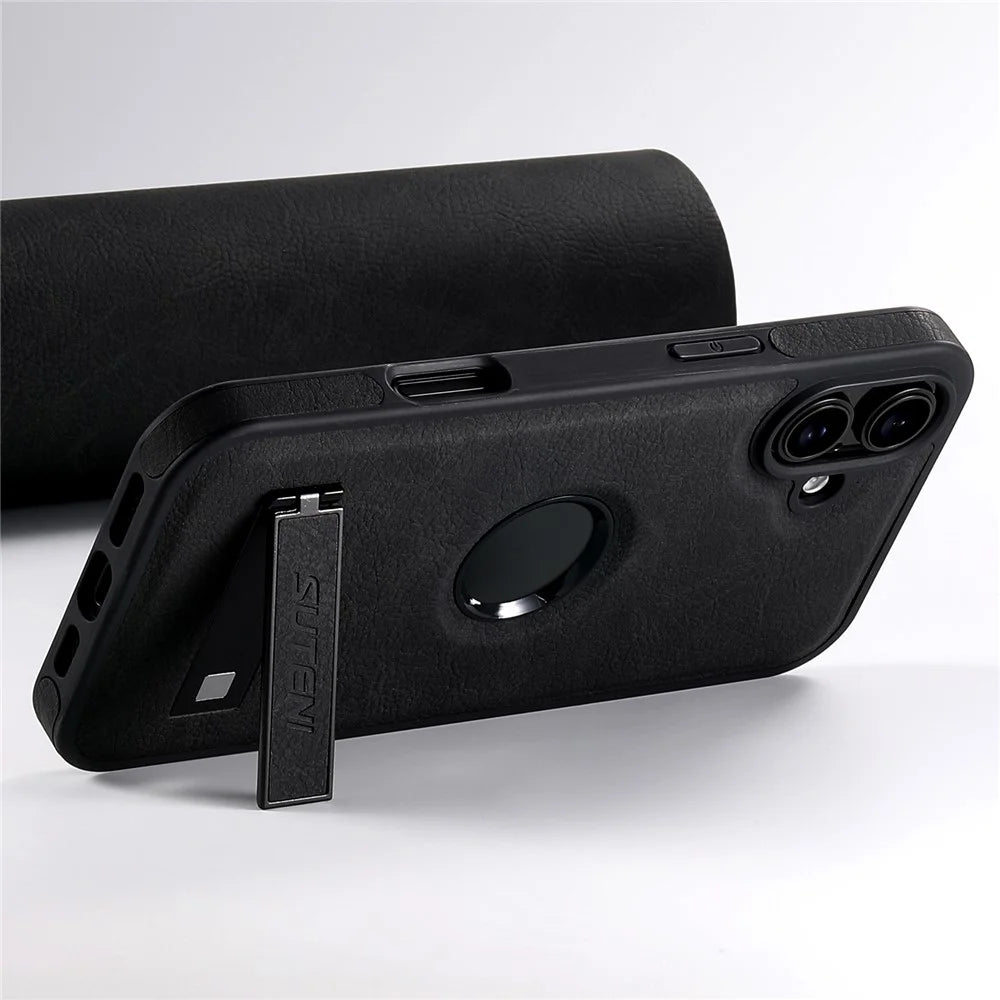 SUTENI G2 For iPhone 16 Magnetic Case Kickstand Litchi Texture Leather+TPU Cover - Black - 3