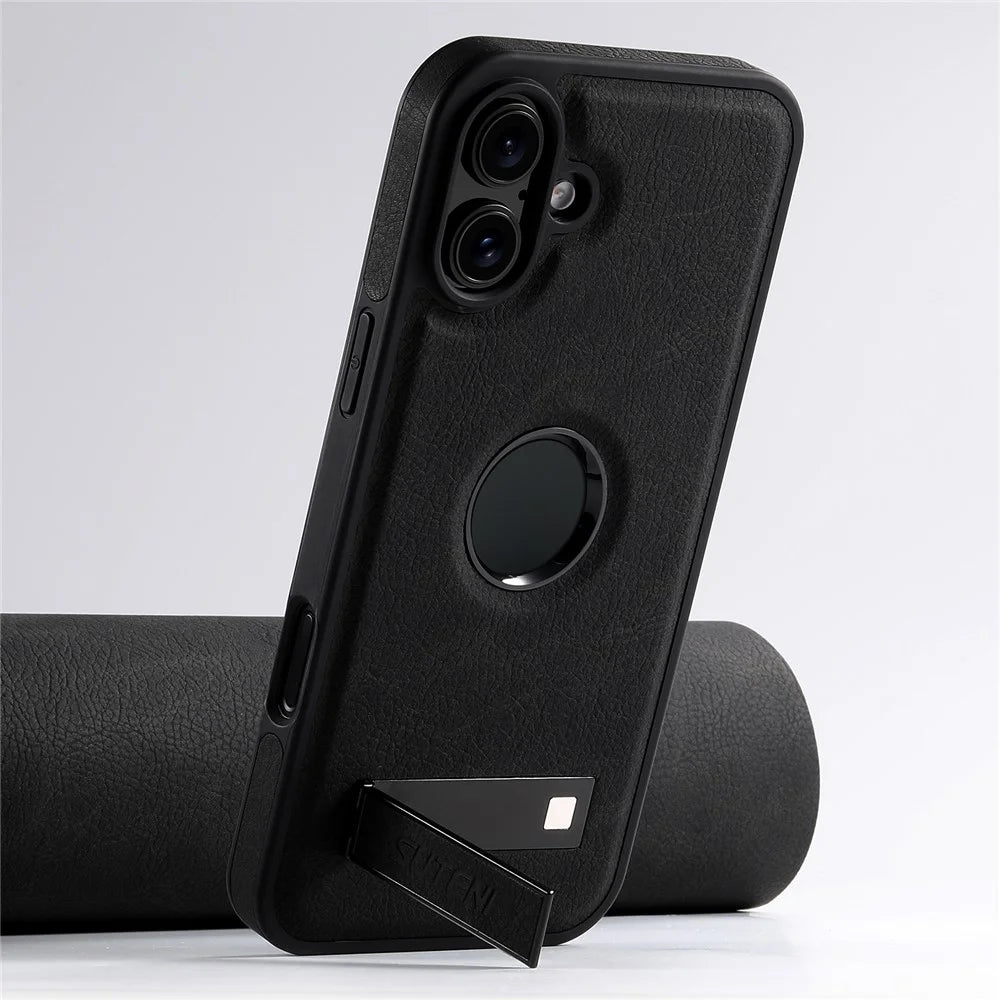 SUTENI G2 For iPhone 16 Magnetic Case Kickstand Litchi Texture Leather+TPU Cover - Black - 4