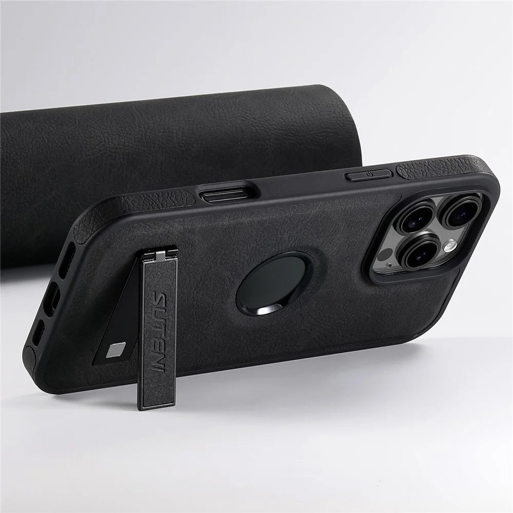 SUTENI G2 For iPhone 16 Pro Magnetic Case Kickstand Litchi Texture Leather+TPU Cover - Black - 3