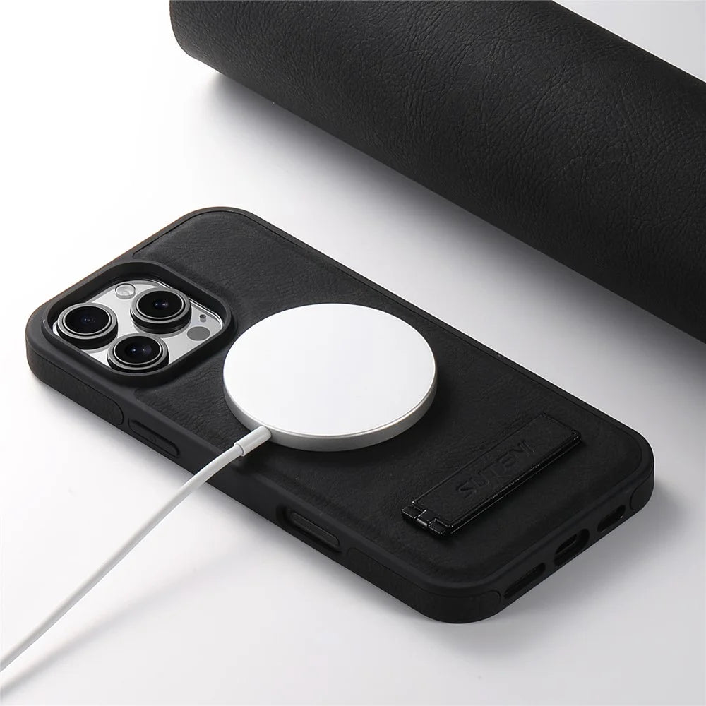 SUTENI G2 For iPhone 16 Pro Magnetic Case Kickstand Litchi Texture Leather+TPU Cover - Black - 6