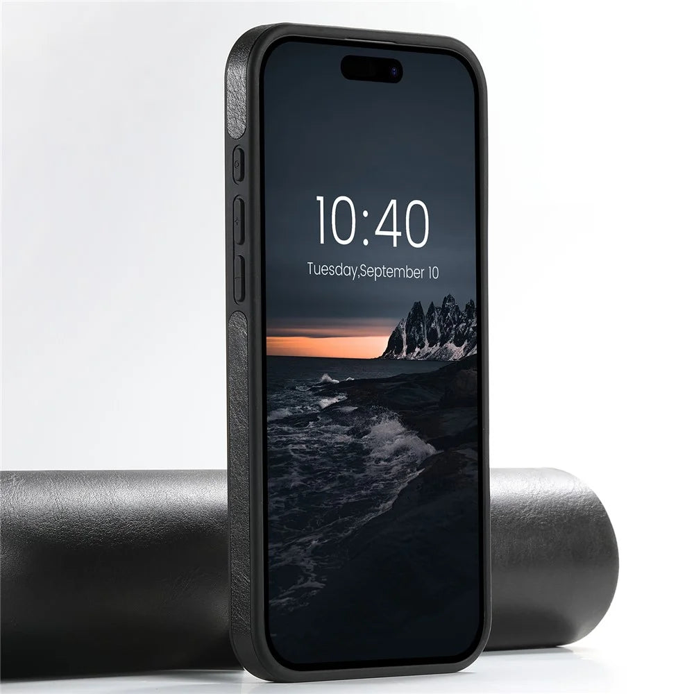 SUTENI G2 For iPhone 16 Pro Max Magnetic Case Leather Phone Back Cover Waxy Texture Kickstand - Black - 2
