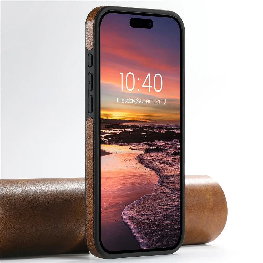 SUTENI G2 For iPhone 16 Pro Magnetic Case Leather Phone Back Cover Waxy Texture Kickstand - Brown - 6